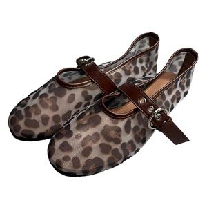 Leopard Print Mary Jane Flats with Brown Trim